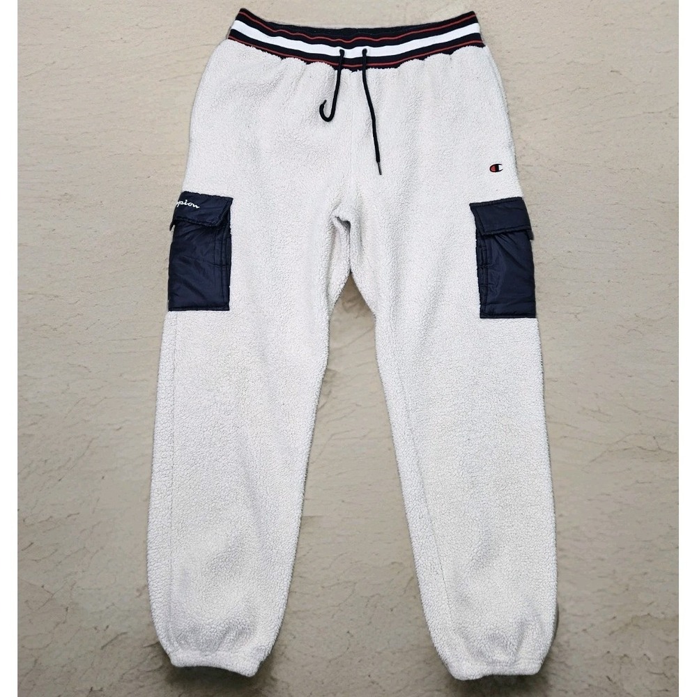 Champion Sherpa‎ Cargo Jogger Sweatpants Mens L Cream Fleece Utility Streetwear